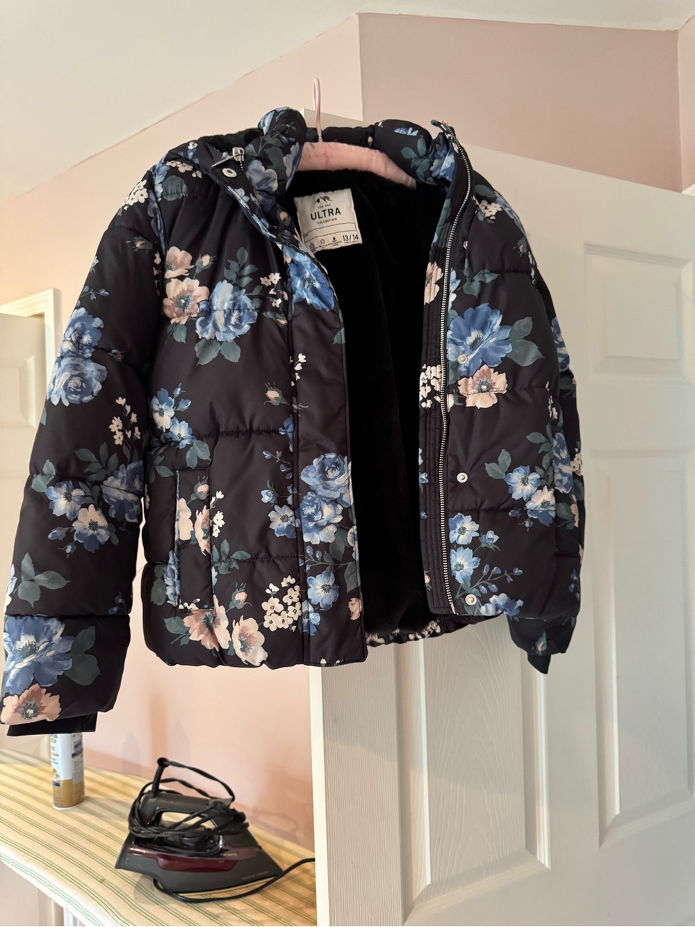 Ultra Pink Floral Puffer Jacket in Black, Blue & Pink